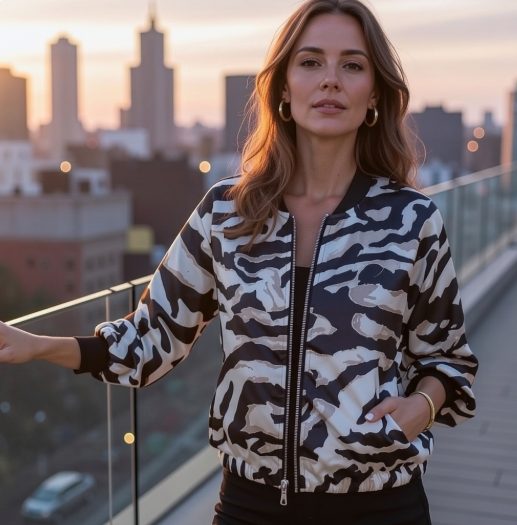 Women's Fall Zebra Print Zipper Bomber Jacket