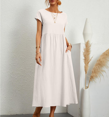 Chic Women's Maxi Dress with Short Sleeves and Empire-Waist Pockets