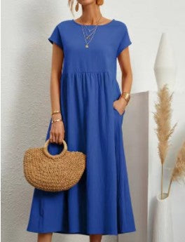 Chic Women's Maxi Dress with Short Sleeves and Empire-Waist Pockets