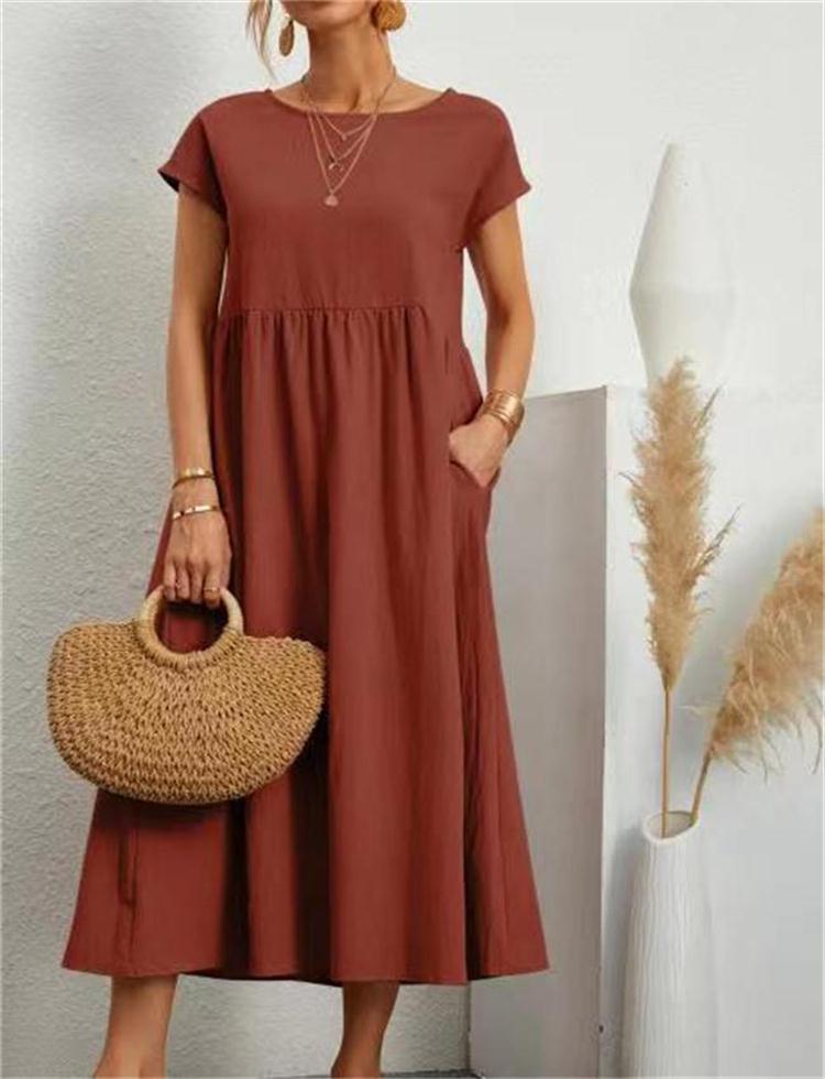 Chic Women's Maxi Dress with Short Sleeves and Empire-Waist Pockets