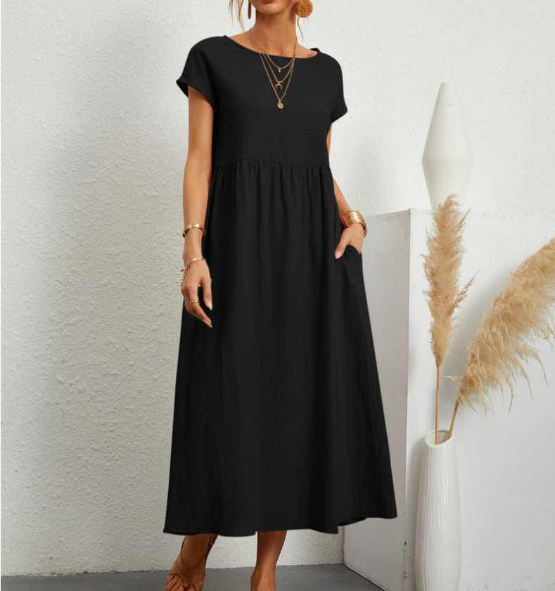 Chic Women's Maxi Dress with Short Sleeves and Empire-Waist Pockets