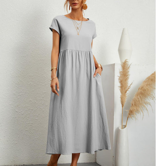 Chic Women's Maxi Dress with Short Sleeves and Empire-Waist Pockets