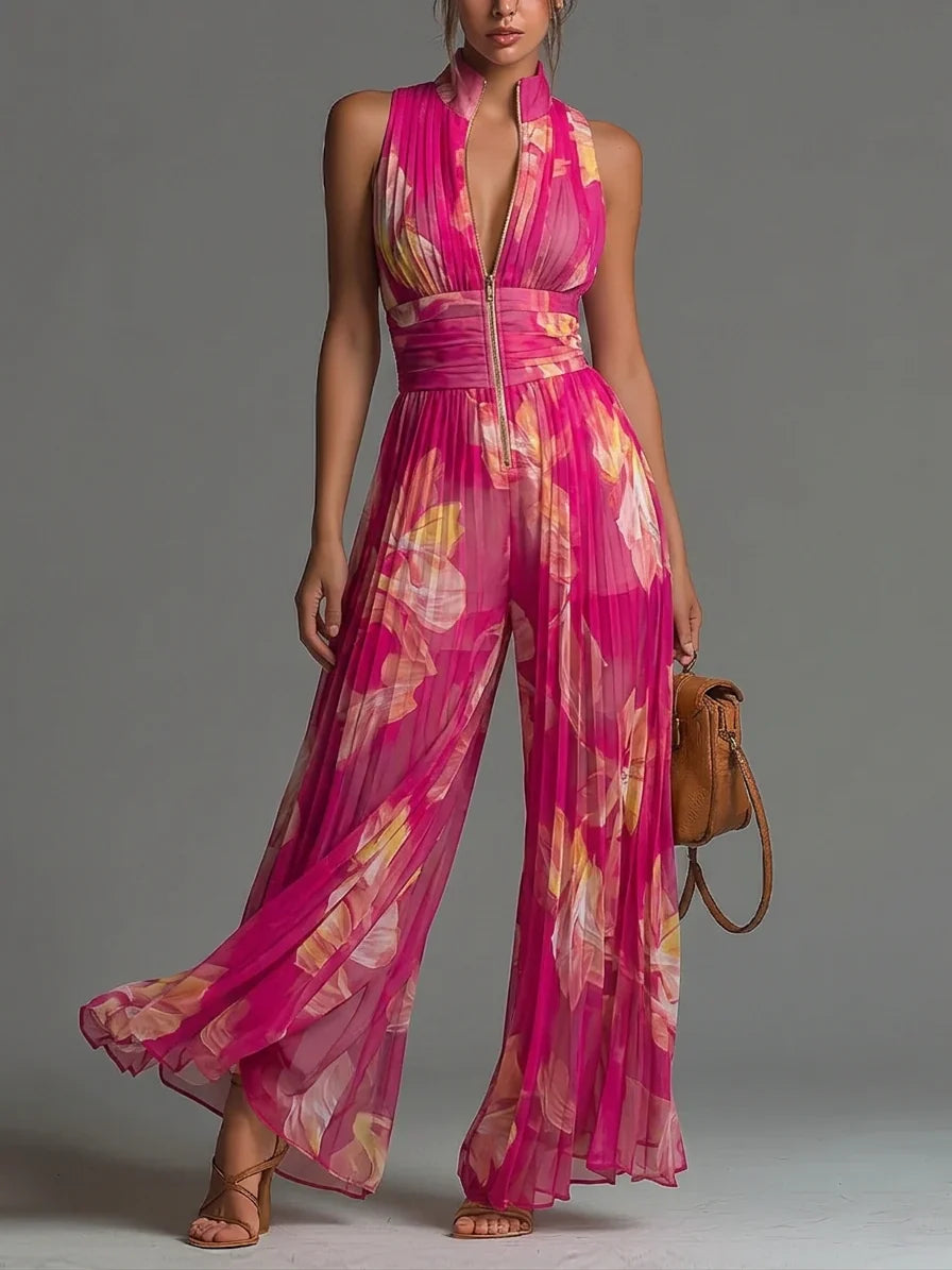 Zakira Pleated halter-neck jumpsuit with wide legs