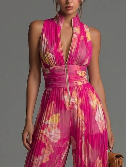 Zakira Pleated halter-neck jumpsuit with wide legs