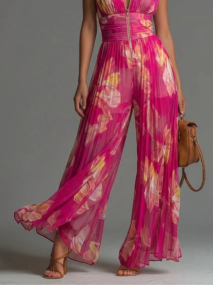 Zakira Pleated halter-neck jumpsuit with wide legs
