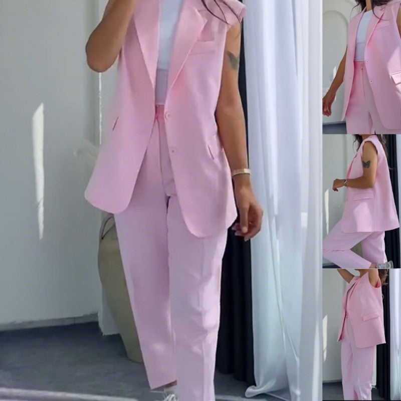 Women's Sleeveless Blazer and High-Waisted Pants Set