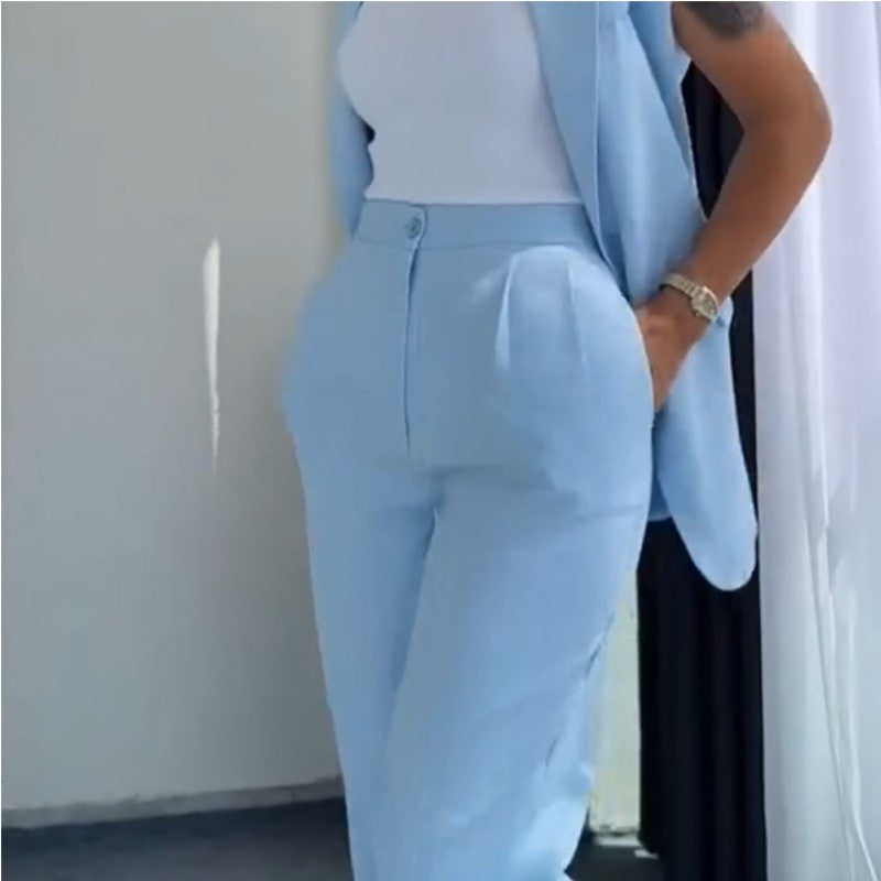 Women's Sleeveless Blazer and High-Waisted Pants Set