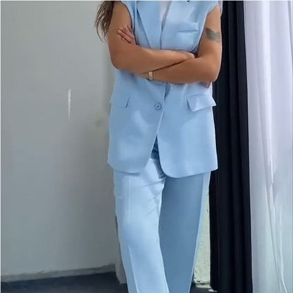 Women's Sleeveless Blazer and High-Waisted Pants Set