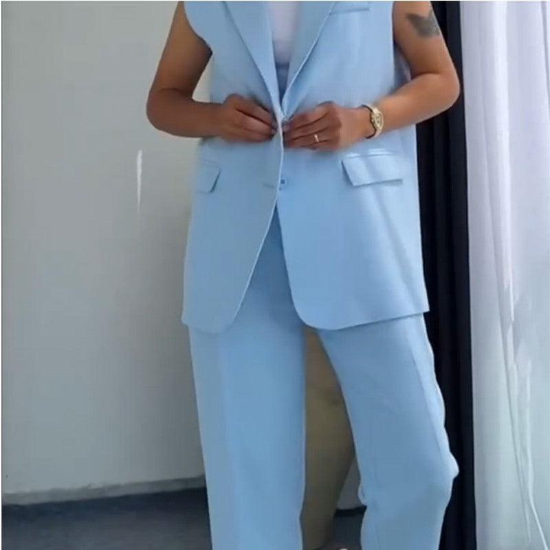 Women's Sleeveless Blazer and High-Waisted Pants Set