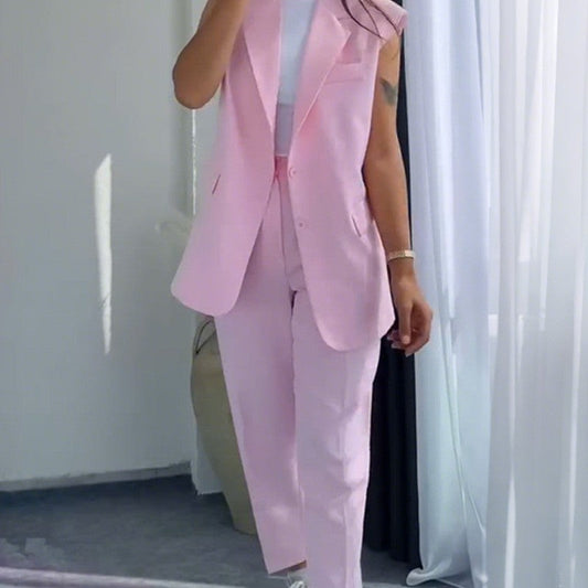 Women's Sleeveless Blazer and High-Waisted Pants Set