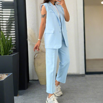 Women's Sleeveless Blazer and High-Waisted Pants Set