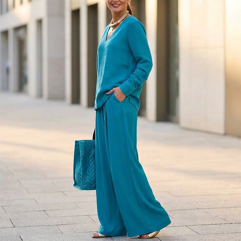 New Women's V-Neck Lounge Set with Wide-Leg Pants – Cozy, Chic Comfort