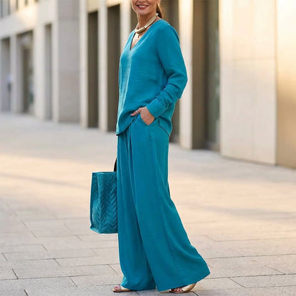 New Women's V-Neck Lounge Set with Wide-Leg Pants – Cozy, Chic Comfort
