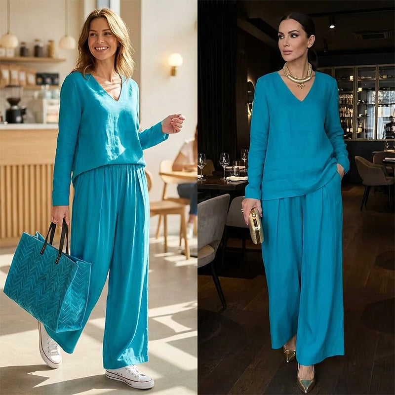 New Women's V-Neck Lounge Set with Wide-Leg Pants – Cozy, Chic Comfort