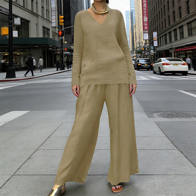 New Women's V-Neck Lounge Set with Wide-Leg Pants – Cozy, Chic Comfort