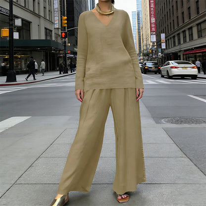 New Women's V-Neck Lounge Set with Wide-Leg Pants – Cozy, Chic Comfort