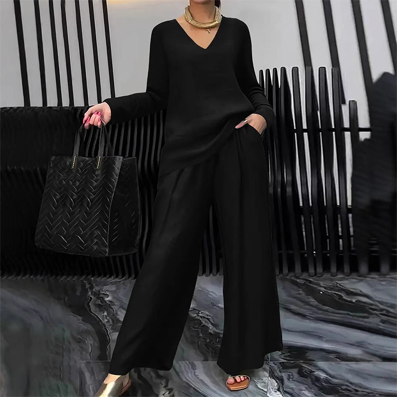 New Women's V-Neck Lounge Set with Wide-Leg Pants – Cozy, Chic Comfort