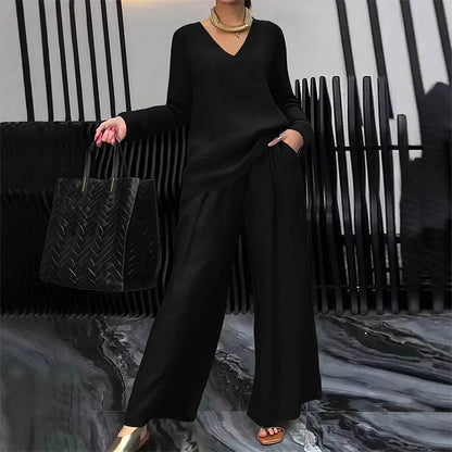 New Women's V-Neck Lounge Set with Wide-Leg Pants – Cozy, Chic Comfort