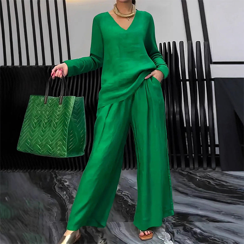 New Women's V-Neck Lounge Set with Wide-Leg Pants – Cozy, Chic Comfort