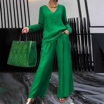 New Women's V-Neck Lounge Set with Wide-Leg Pants – Cozy, Chic Comfort