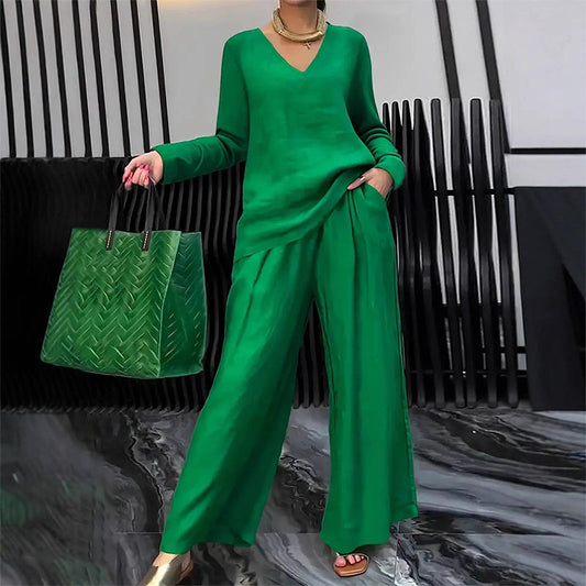 New Women's V-Neck Lounge Set with Wide-Leg Pants – Cozy, Chic Comfort