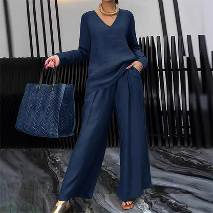 New Women's V-Neck Lounge Set with Wide-Leg Pants – Cozy, Chic Comfort