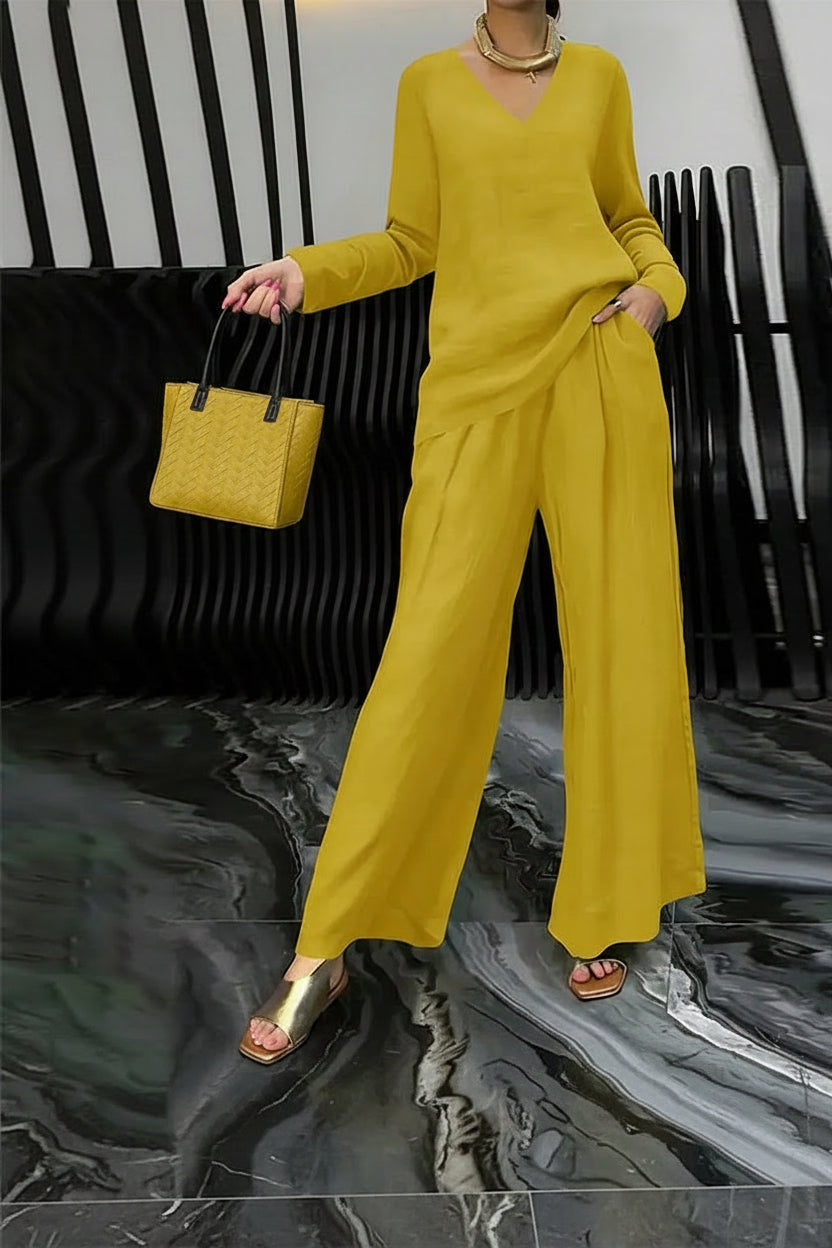 New Women's V-Neck Lounge Set with Wide-Leg Pants – Cozy, Chic Comfort