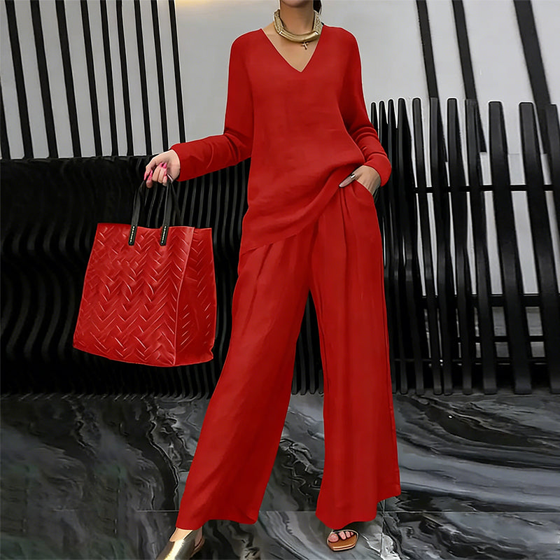 New Women's V-Neck Lounge Set with Wide-Leg Pants – Cozy, Chic Comfort