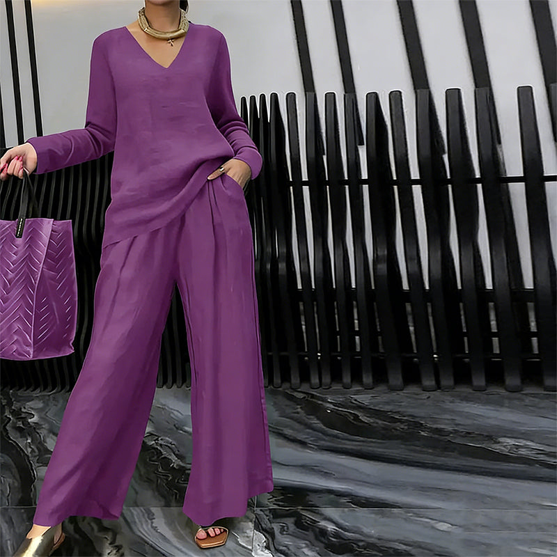 New Women's V-Neck Lounge Set with Wide-Leg Pants – Cozy, Chic Comfort