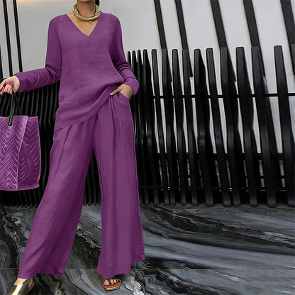 New Women's V-Neck Lounge Set with Wide-Leg Pants – Cozy, Chic Comfort