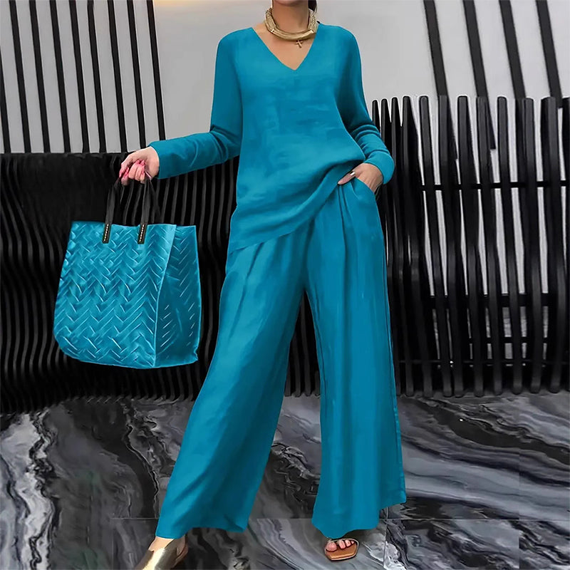 New Women's V-Neck Lounge Set with Wide-Leg Pants – Cozy, Chic Comfort