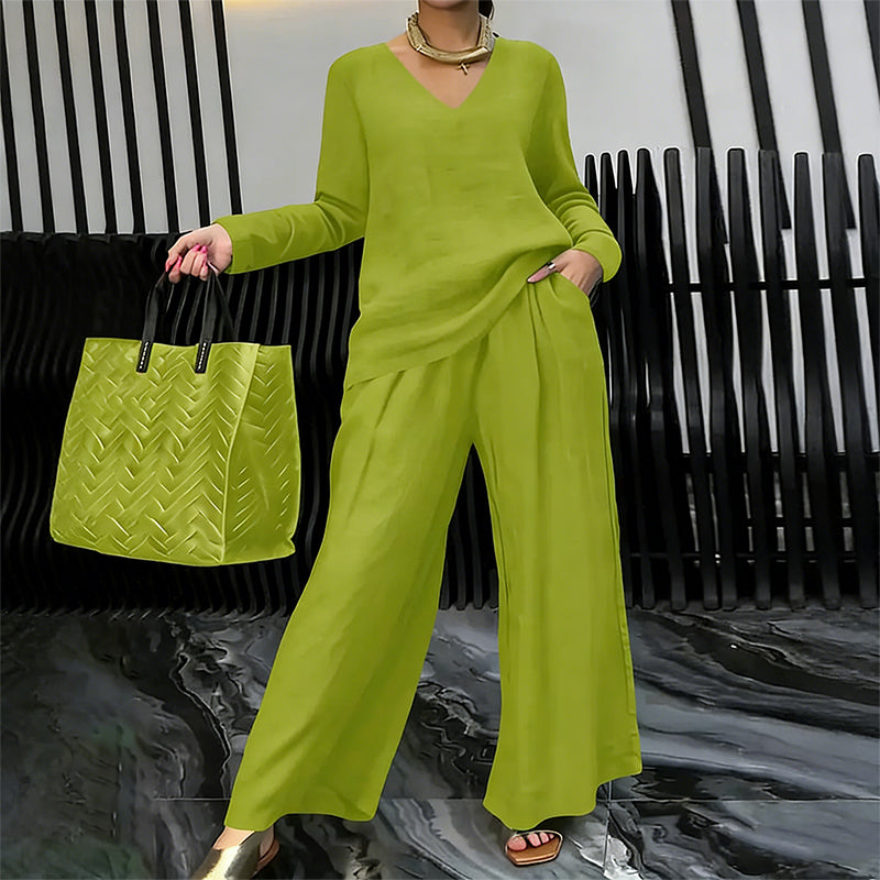 New Women's V-Neck Lounge Set with Wide-Leg Pants – Cozy, Chic Comfort