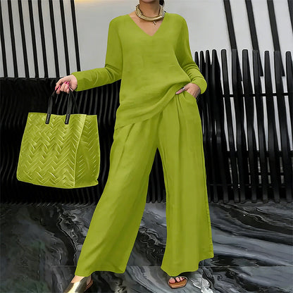 New Women's V-Neck Lounge Set with Wide-Leg Pants – Cozy, Chic Comfort