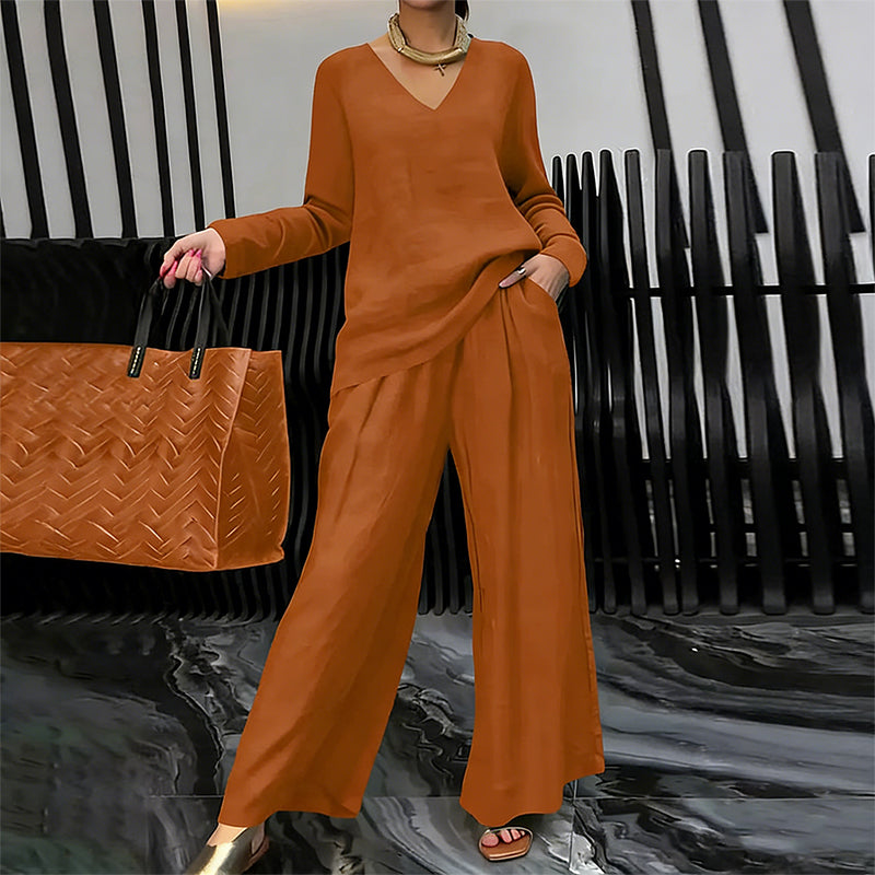 New Women's V-Neck Lounge Set with Wide-Leg Pants – Cozy, Chic Comfort