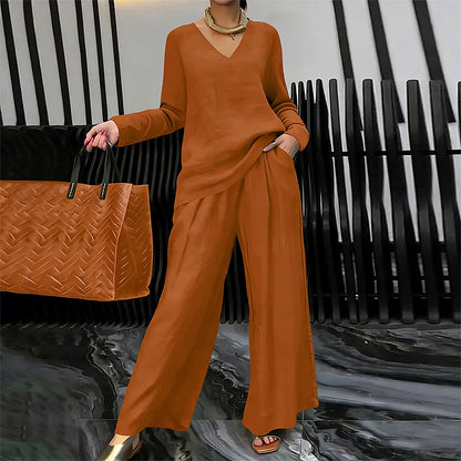 New Women's V-Neck Lounge Set with Wide-Leg Pants – Cozy, Chic Comfort