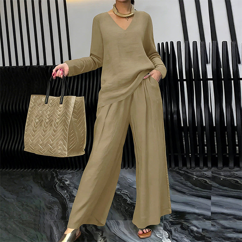 New Women's V-Neck Lounge Set with Wide-Leg Pants – Cozy, Chic Comfort