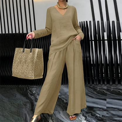 New Women's V-Neck Lounge Set with Wide-Leg Pants – Cozy, Chic Comfort
