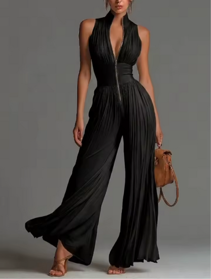 Zakira Pleated halter-neck jumpsuit with wide legs